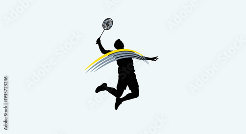 Badminton player silhouette jumping and hitting shuttlecock, dynamic sport illustration