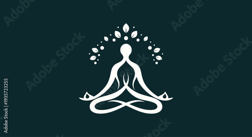 Meditating person silhouette with leaves crown, zen lotus pose, spiritual wellness, yoga logo