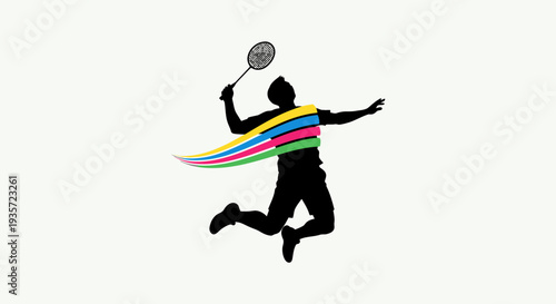 Badminton Player Silhouette Jumping Smash with Colorful Ribbon