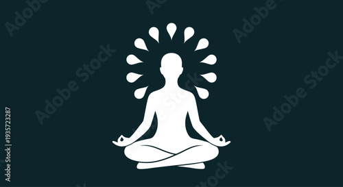 Meditating person silhouette with radiating aura on dark background