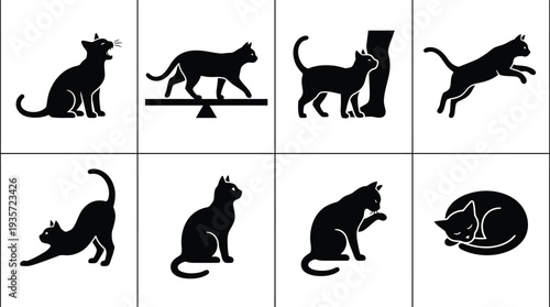 Various playful and relaxed cat silhouettes in a minimalist vector illustration style