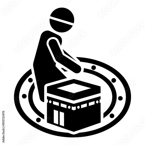 Hajj Pilgrimage Icon of a Muslim Performing Tawaf Around the Kaaba, Minimalist Black and White Vector Illustration for Islamic Religious Ritual