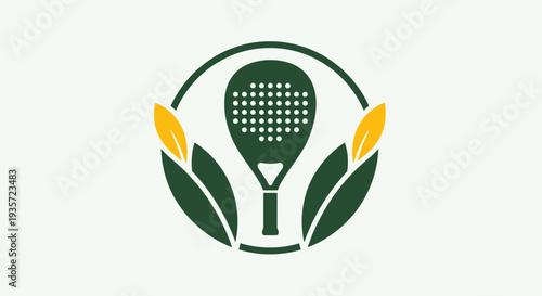 Padel Tennis Racket Logo with Leaves, Sport Emblem, Healthy Lifestyle Concept