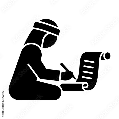 Arab man writing on a scroll silhouette icon representing traditional scribe or scholar