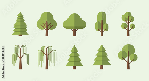 Set of Flat Design Trees Icons, Vector Illustration, Nature Elements