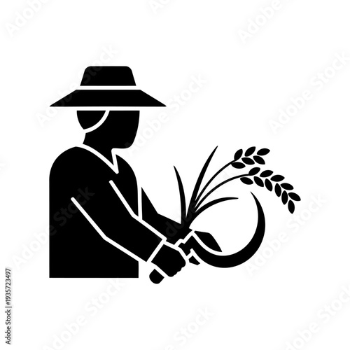 Farmer harvesting rice with a sickle icon silhouette, agricultural worker reaping grain stalks, minimalist black and white vector illustration