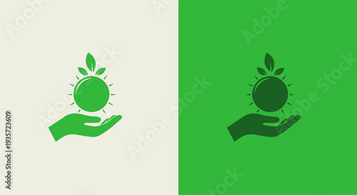 Green Energy Symbol: Hand Holding Sun with Leaves Icon