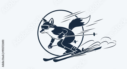 Cartoon Fox Skiing Fast with Goggles and Poles, Dynamic Motion