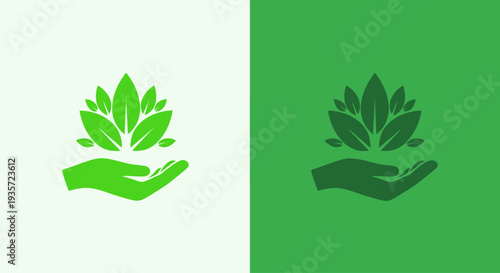 Green Hand Holding Leaves Logo Icon Symbol, Eco-friendly Concept