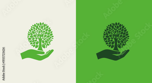 Green Tree Growing on Open Hand, Symbol of Growth, Nature, and Sustainability