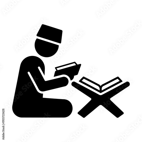 Muslim man reading Quran on a book stand silhouette icon for Islamic religious practice