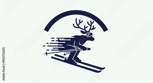 Fast skiing moose logo with goggles and snow streaks, winter sport graphic