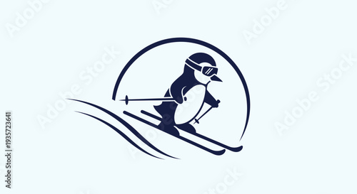 Penguin skier cartoon logo, funny animal skiing on snow, winter sport icon