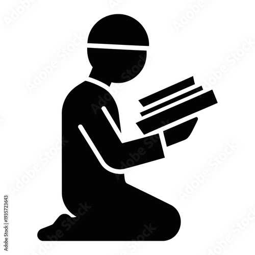 Muslim man kneeling and reading a book icon black silhouette vector for religious study and prayer
