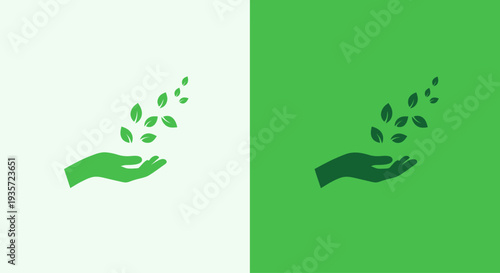 Green hand holding sprouting leaves, eco-friendly concept