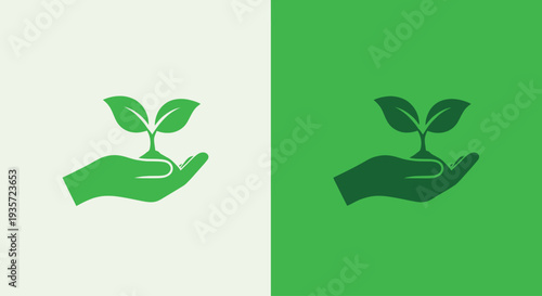 Green seedling growing in open hand, double split background