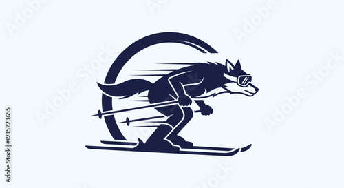 Wolf skiing fast with speed lines and circular motion effect, vector illustration