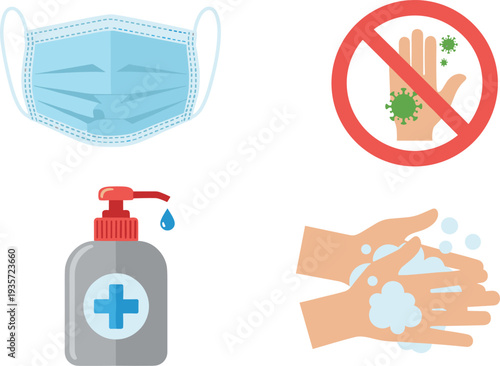Health safety vector icons set featuring face mask, virus prevention, hand sanitizer, and handwashing with soap for hygiene awareness illustration