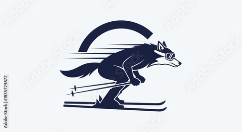 Wolf skiing with goggles and poles, dynamic motion, graphic illustration