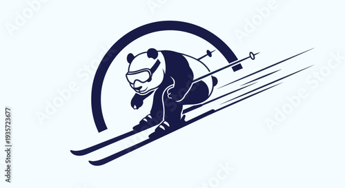 Panda skiing down a slope with goggles and ski poles, sports logo concept
