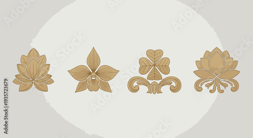 Vintage Floral Ornaments Set: Lotus, Orchid, Clover, Decorative Elements