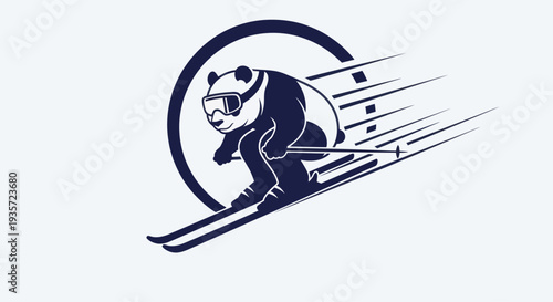 Panda skier logo, dynamic cartoon style, fast downhill skiing motion