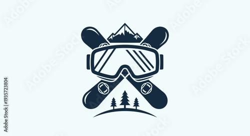 Ski Goggles and Snowboards with Mountain and Trees Icon