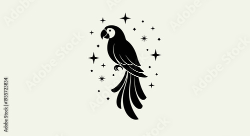 Silhouette of a Parrot with Stars and Sparkles - Tribal Tattoo Style