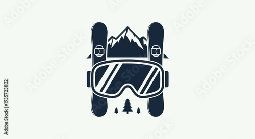 Skiing and snowboarding icon: goggles, skis, snowboard, mountain, trees, winter sport