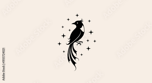 Black Magpie Silhouette with Star Sparkles