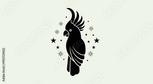 Black cockatoo silhouette with stars and sparkles on a light background
