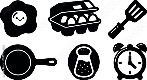 Minimalist icon set close up fried egg carton eggs spatula frying pan salt shaker alarm clock kitchen breakfast silhouettes black