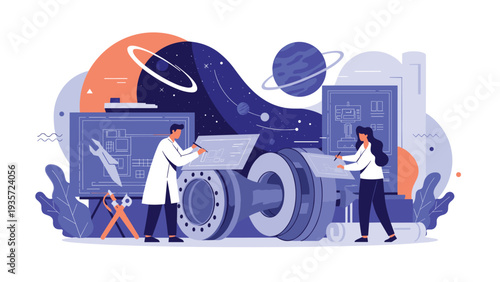 Advanced aerospace engineering and space exploration research with scientists designing complex mechanical structures and engines.