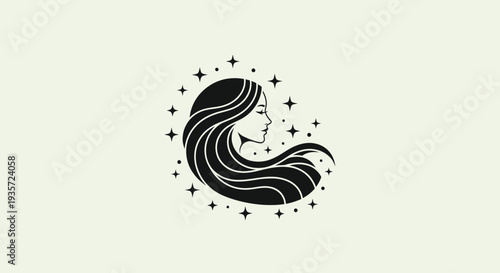Mystical Woman Silhouette with Stars and Swirling Hair