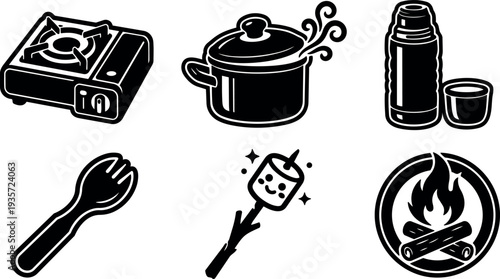 Line art vector icon set camping cooking tools close up showing portable stove steaming pot thermos spork marshmallow stick campfire