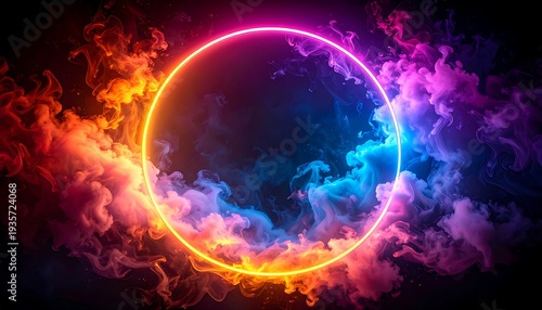 Neon Circle Frame with Colorful Smoke - A Vibrant Abstract Design.