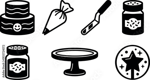 Flat design bold bakery icon set with tiered cake piping bag spatula spice jars cake stand star topper close up