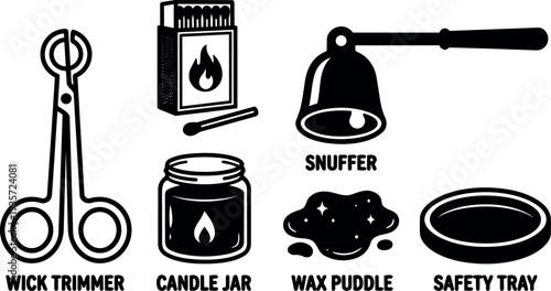 Line art close up candle care icons including wick trimmer snuffer matches candle jar wax puddle and safety tray set