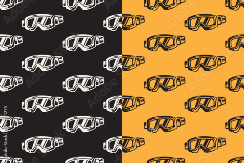 Motocross goggles retro seamless pattern on black yellow background set for merchandise. Dirt bike eyewear vintage pattern background. Off road racing goggles rustic motif wallpaper