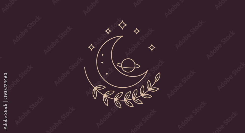 Obraz premium Celestial moon, stars, planet, and botanical branch line art