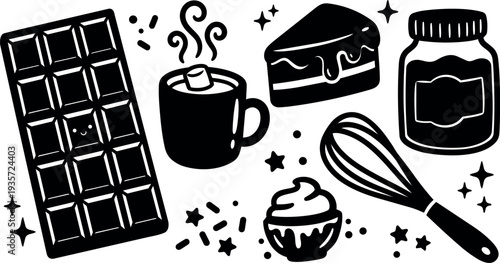 Line art playful baking icons showing chocolate bar mug slice jar whisk cupcake sprinkles arranged in landscape composition bold silhouette