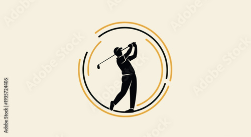 Golfer Silhouette Swings Club Inside Circular Frame, Sporty Graphic Design
