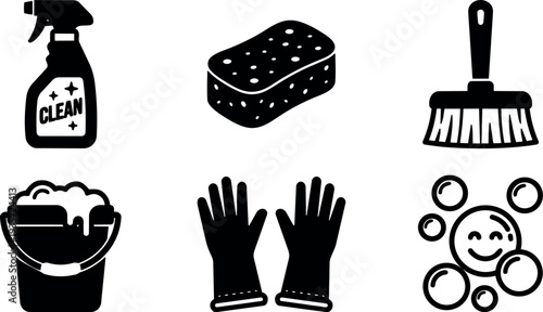 Minimalist flat design cleaning icons set spray bottle sponge broom bucket gloves and happy soap bubbles close up top view