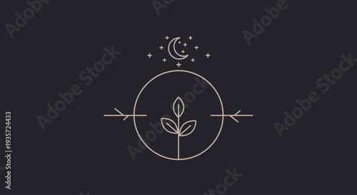 Esoteric Symbol: Plant Growth Under Moon and Stars, Circle, Arrows, Dark Background