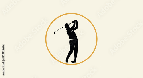 Silhouette of a golfer swinging a club within a golden circle