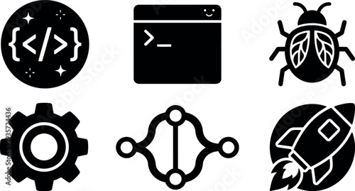 Flat design six black software development icons showing code terminal bug gear network rocket arranged on white background clean minimal
