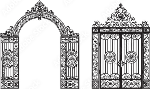 Ornate metal archway and gate with intricate designs and patterns standing alone
