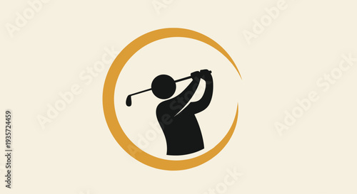 Golfer Silhouette Swinging Club with Golden Ring Emblem