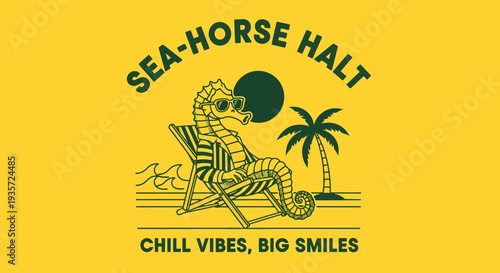 Seahorse Relaxing on Beach Chair Illustration.