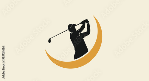 Golfer Swinging Club Silhouette with Crescent Moon Graphic